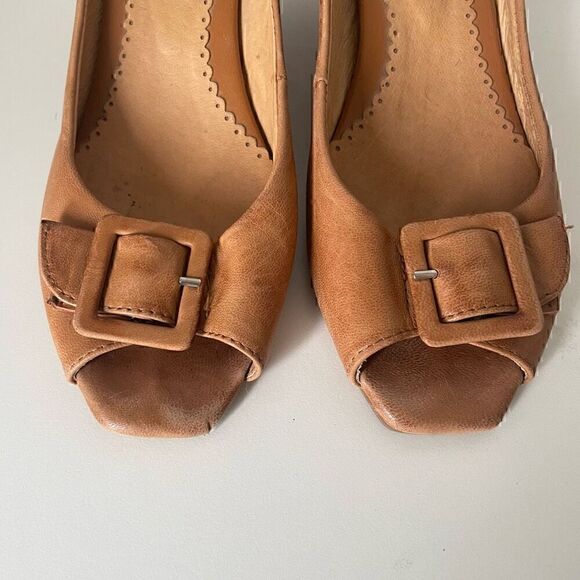 Miz Mooz Vintage Nude Wedge Heels Sz 6 Buckle Square Peep Toe Leather Farah - Picture 2 of 9